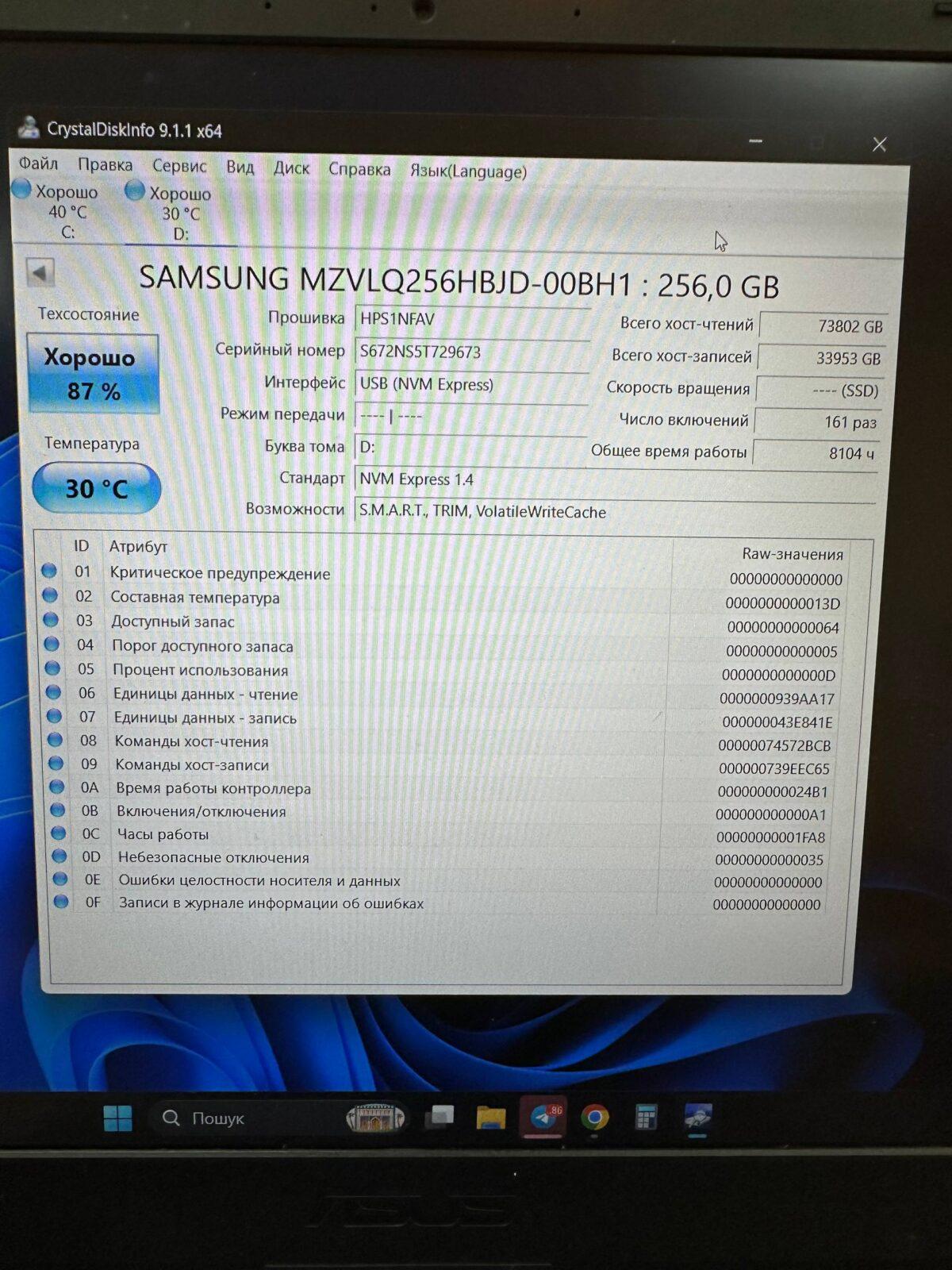 SSD NVMe M.2 256GB Hynix / Samsung / Toshiba — фото 5